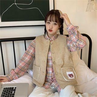 Long-sleeve Plaid Shirt / Wide-leg Pants / Button Vest