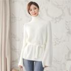 Turtle-neck Ribbed Sweater With Sash