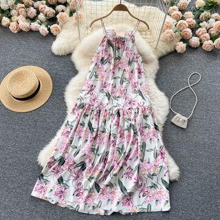 Floral Halter Spaghetti-strap Dress