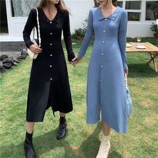 Lapel Button-up Bodycon Knit Long-sleeve Dress