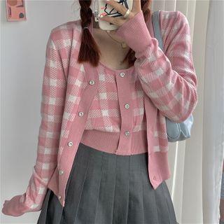 Plaid Long-sleeve Cardigan/ Plaid Camisole Top