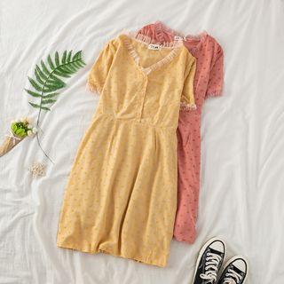 V-neck Mesh Trim Floral A-line Dress