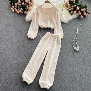 Set Of 2 : Long-sleeve Drawstring Cropped Top + Gathered Cuff Pants