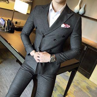 Set: Striped Double-breasted Blazer + Vest + Cropped Dress Pants