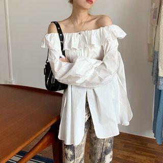 Long-sleeve Off Shoulder Plain Ruffle Trim Shirt