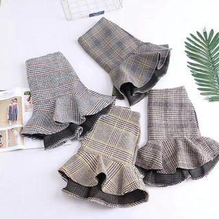 Ruffle Hem Plaid Woolen Skirt