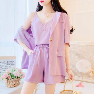 Set: Elbow-sleeve Blazer + Wide-leg Shorts + Spaghetti Strap Top