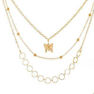 Set Of 3: Butterfly Pendant Layered Necklace 02 - 3466 - Gold - One Size