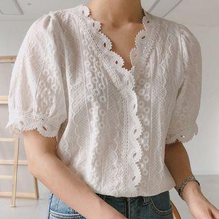 V-neck Puff-sleeve Lace Blouse White - One Size