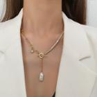 Rhinestone Chain Necklace Necklace - Gold & White - One Size