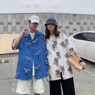 Couple Matching Elbow Sleeve Bear Print Shirt