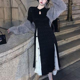 Long-sleeve Paneled Midi A-line Qipao Dress