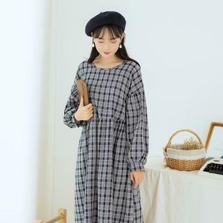 Plaid Long-sleeve Crewneck A-line Dress