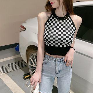 Sleeveless Check Knit Top Black - One Size