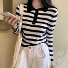Long-sleeve Striped Polo Knit Top