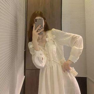Long-sleeve Plain Bow Midi A-line Dress