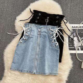 High Waist Lace Up Denim Pencil Skirt