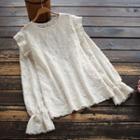 Flared-cuff Lace Blouse Beige - One Size