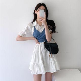 Set: Short-sleeve Mini Shirtdress + Denim Cropped Camisole Top