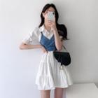 Set: Short-sleeve Mini Shirtdress + Denim Cropped Camisole Top