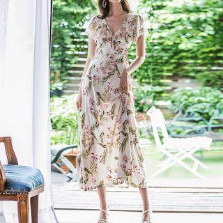 Short-sleeve Floral Ruffled A-line Midi Dress