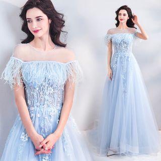 Cap-sleeve Feather Embellished A-line Wedding Gown