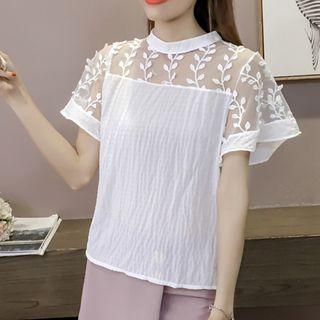 Leaf Embroidered Mesh Panel Short Sleeve Chiffon Top