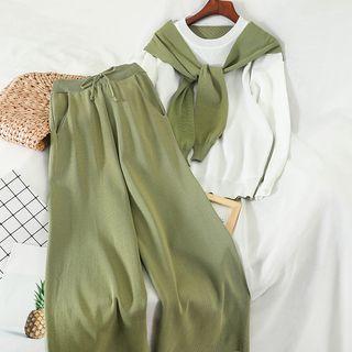 Set: Mock Two-piece Knit Top + Wide-leg Pants