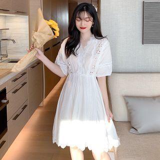V-neck Elbow-sleeve A-line Eyelet Dress