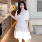 V-neck Elbow-sleeve A-line Eyelet Dress
