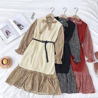 Set:floral Printed Ribbon Lace-up Dress + Plain Knit Vest