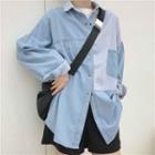 Striped Long-sleeve Loose-fit Denim Shirt As Figure - One Size