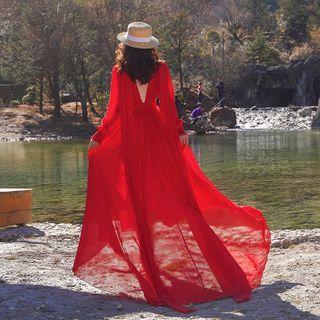 Puff-sleeve Strappy Midi A-line Dress