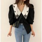 3/4-sleeve Floral Embroidered Collar Blouse