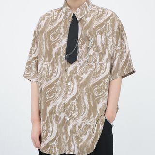 Elbow-sleeve Tie-neck Print Shirt