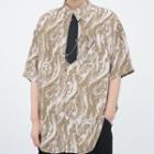 Elbow-sleeve Tie-neck Print Shirt