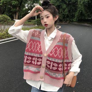 Color Block Patterned Button-up Vest / Plain Shirt