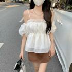 Off-shoulder Flowy Blouse White - One Size