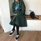 Dolman-sleeve Flare-hem Hoodie Dress Green - One Size