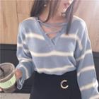 V-neck Lace Up Stripe Long-sleeve Knit Sweater