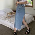 High-waist Cut-out Slit Denim Midi Skirt