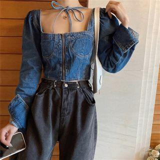 Square-neck Long-sleeve Denim Top