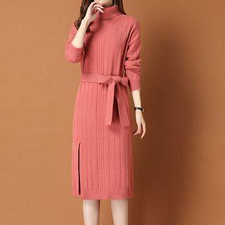 Long-sleeve High-neck Medium Long Knit Dress