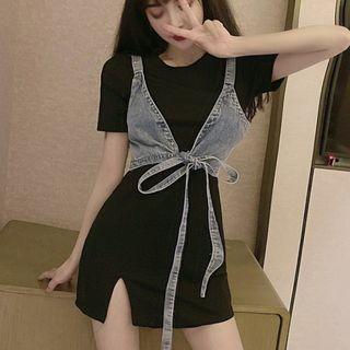 Set: Plain Mini Bodycon Dress + Denim Cropped Camisole Top
