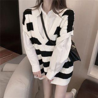 Plain Shirt / Striped V-neck Knit Vest