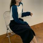 Long-sleeve Raglan T-shirt / Suspender A-line Midi Skirt