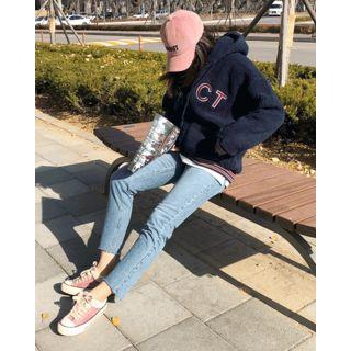 Bingo Letter Sherpa Fleece Zip Hoodie Navy Blue - One Size