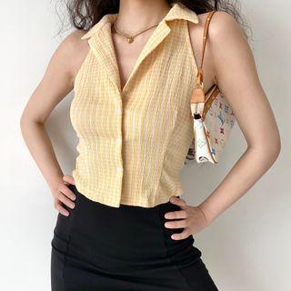 Sleeveless Lapel Cropped Plaid Top