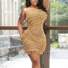 Long-sleeve One-shoulder Fringed Mini Sheath Dress