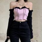 Off-shoulder Two-tone Knit Crop Top Pink - One Size